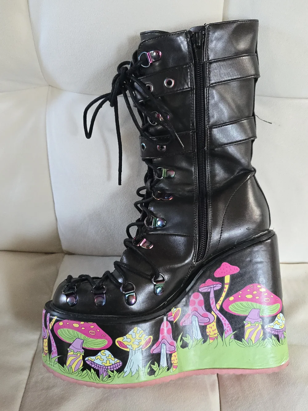 Black Platform Lace-Up Boots with Neon Mushroom Print